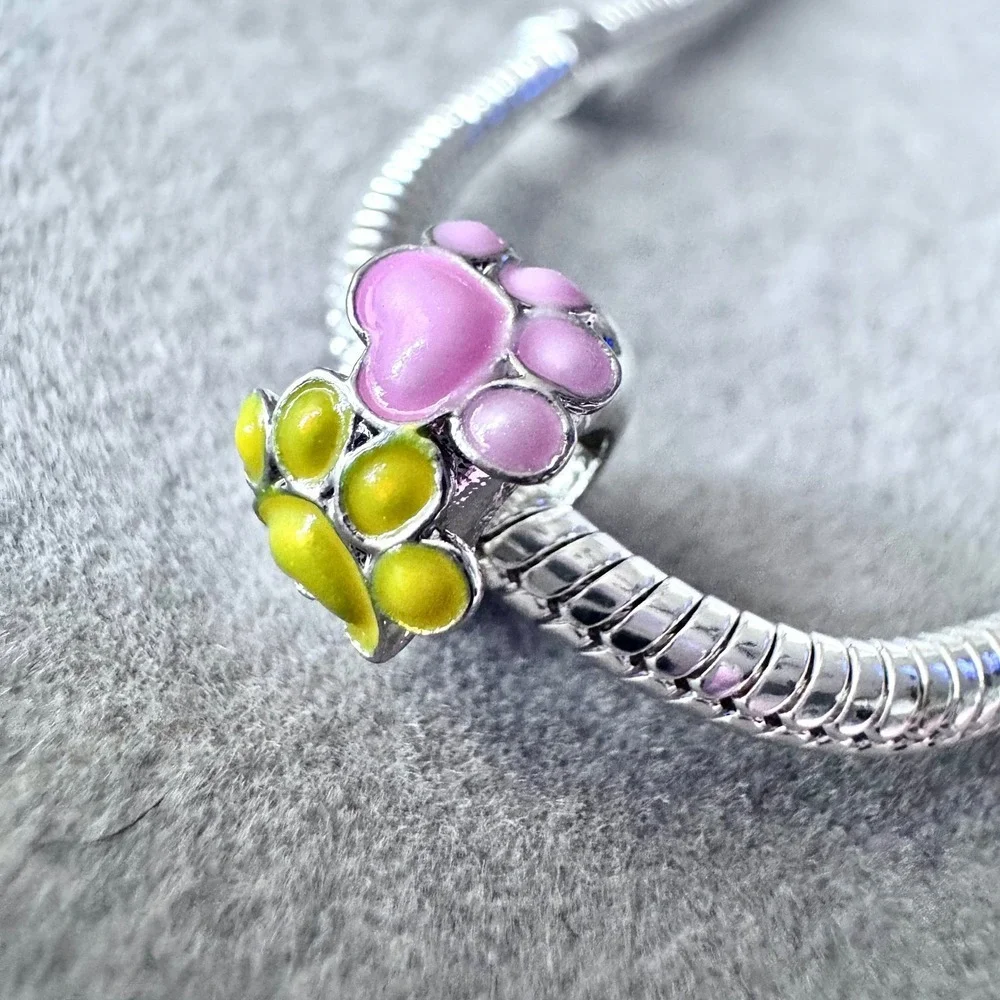 Pink Yellow Paw Print Bead Charm fits PANDORA